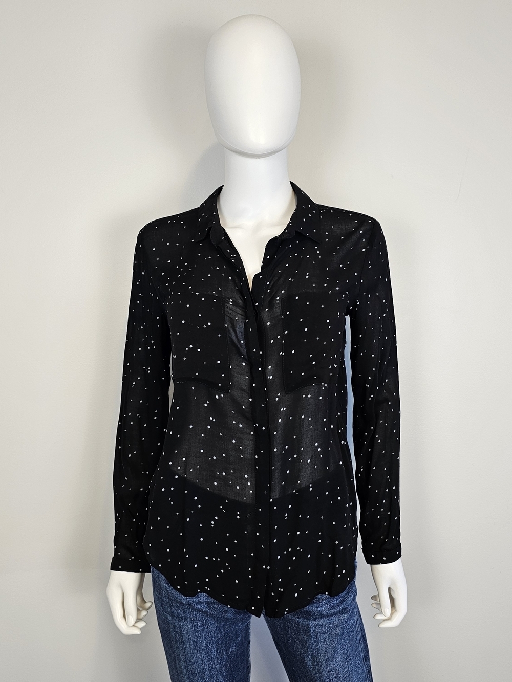 Bella Dahl Black and White Polka Dot Lightweight Button Up Blouse Sz XS